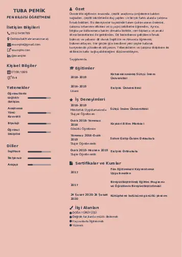 Fen Bilgisi Öğretmeni CV Örnekleri cv indir
